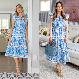 NWT Sail To Sable CK Bradley Print Flutter Sleeve Ric Rac Midi Dress Birds